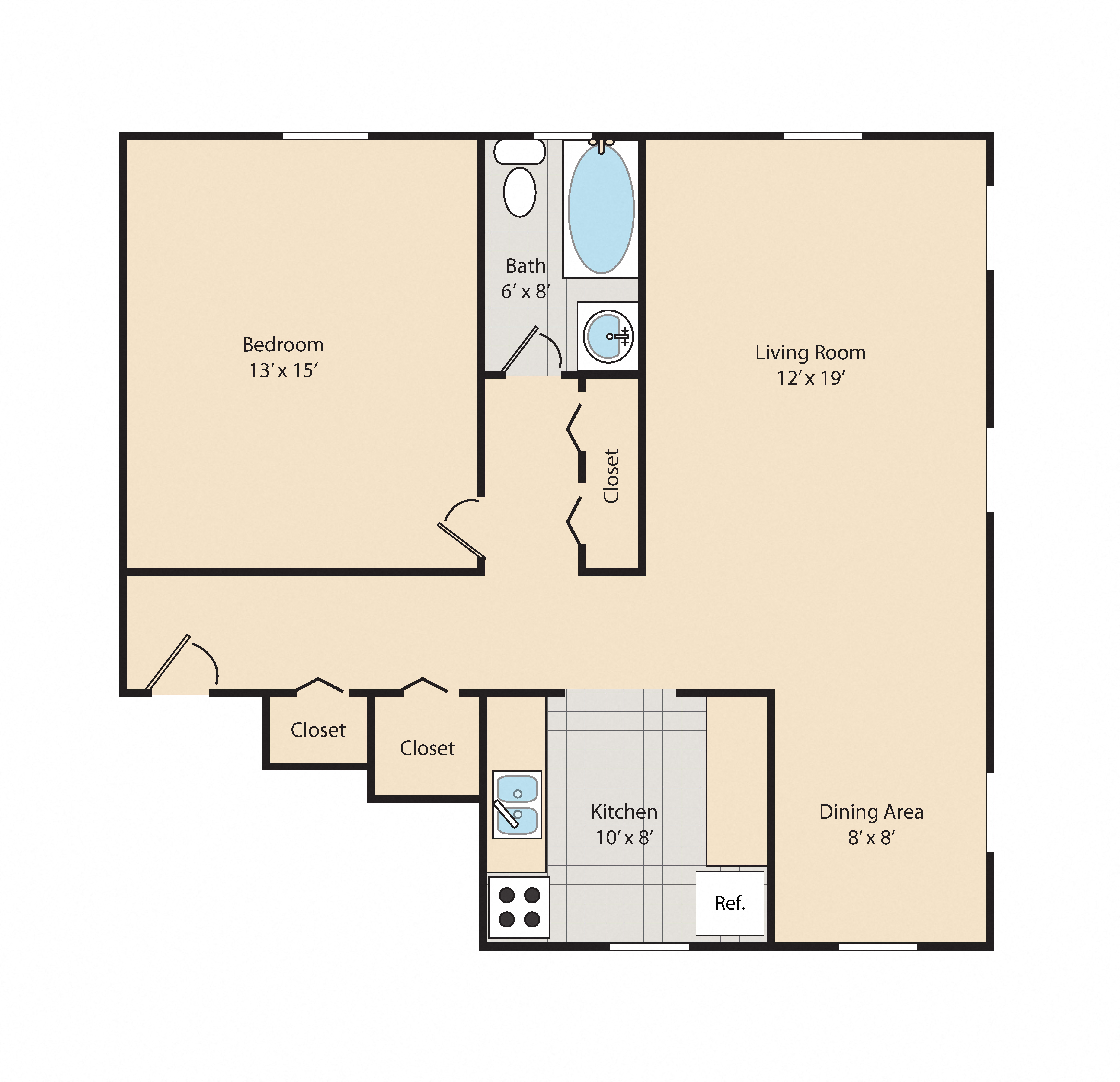 Floor plan for 1 bed, 1 bath, 740 sqft