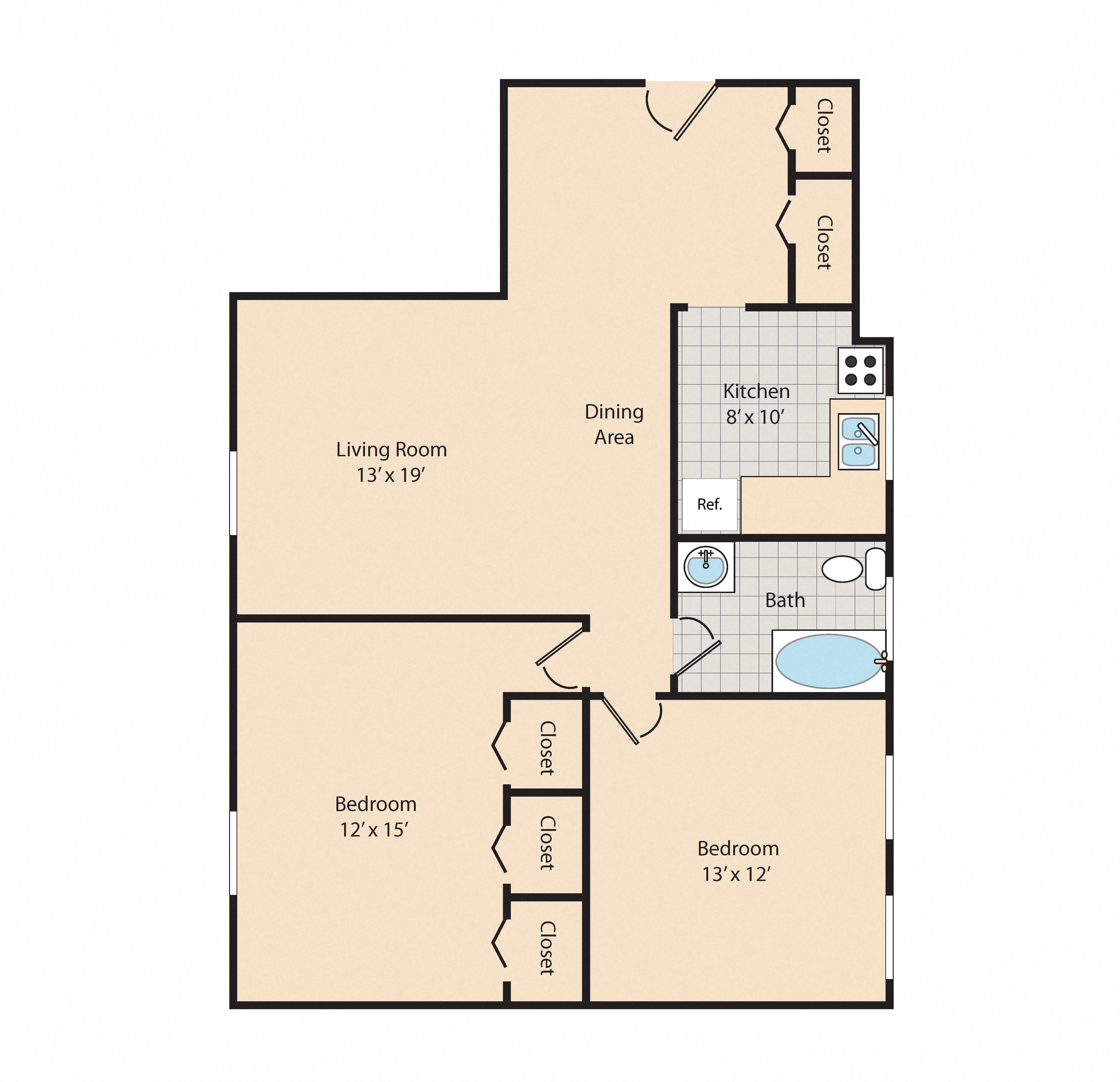 Floor plan for 2 beds, 1 bath, 833 sqft