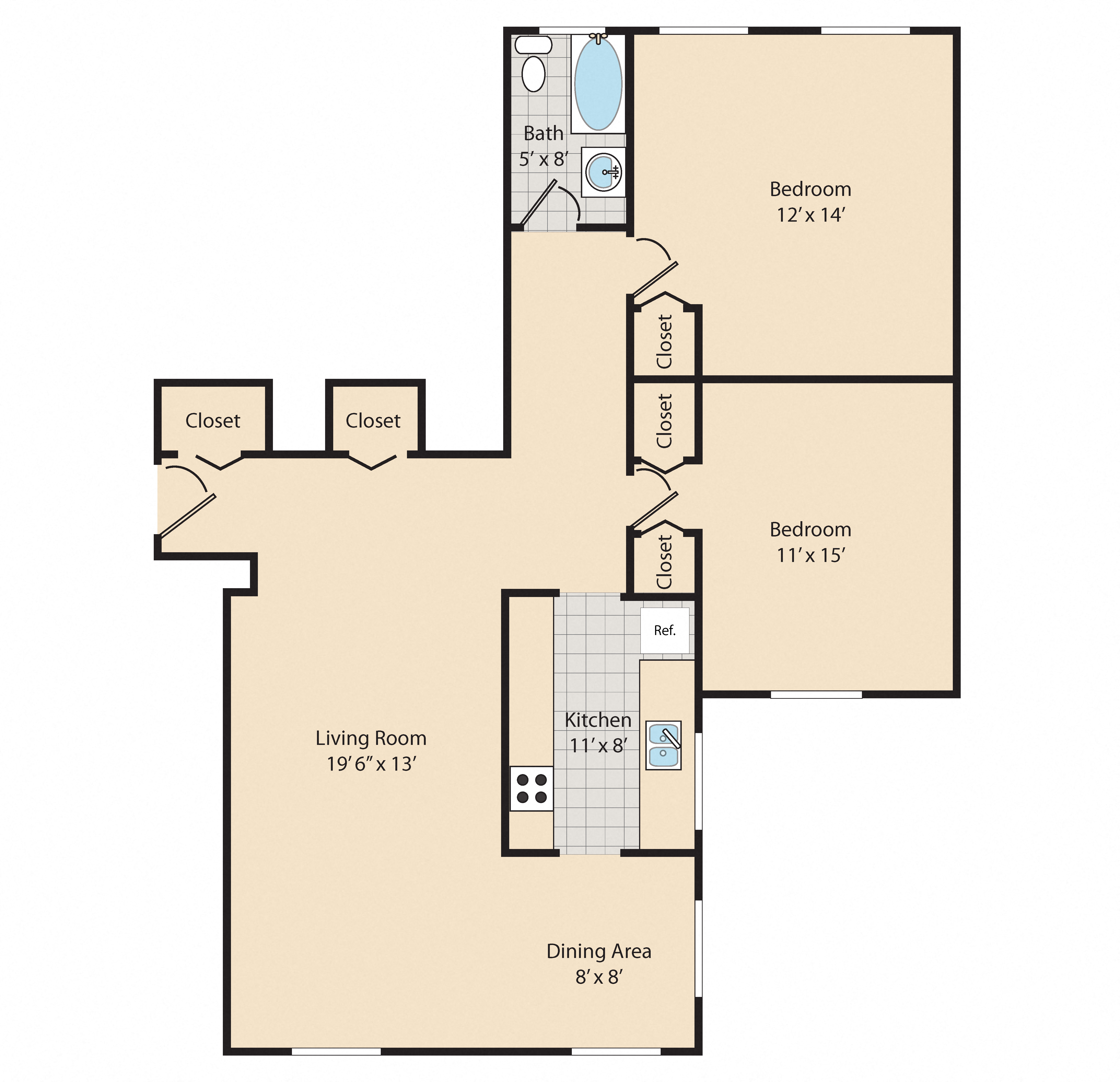 Floor plan for 2 beds, 1 bath, 977 sqft