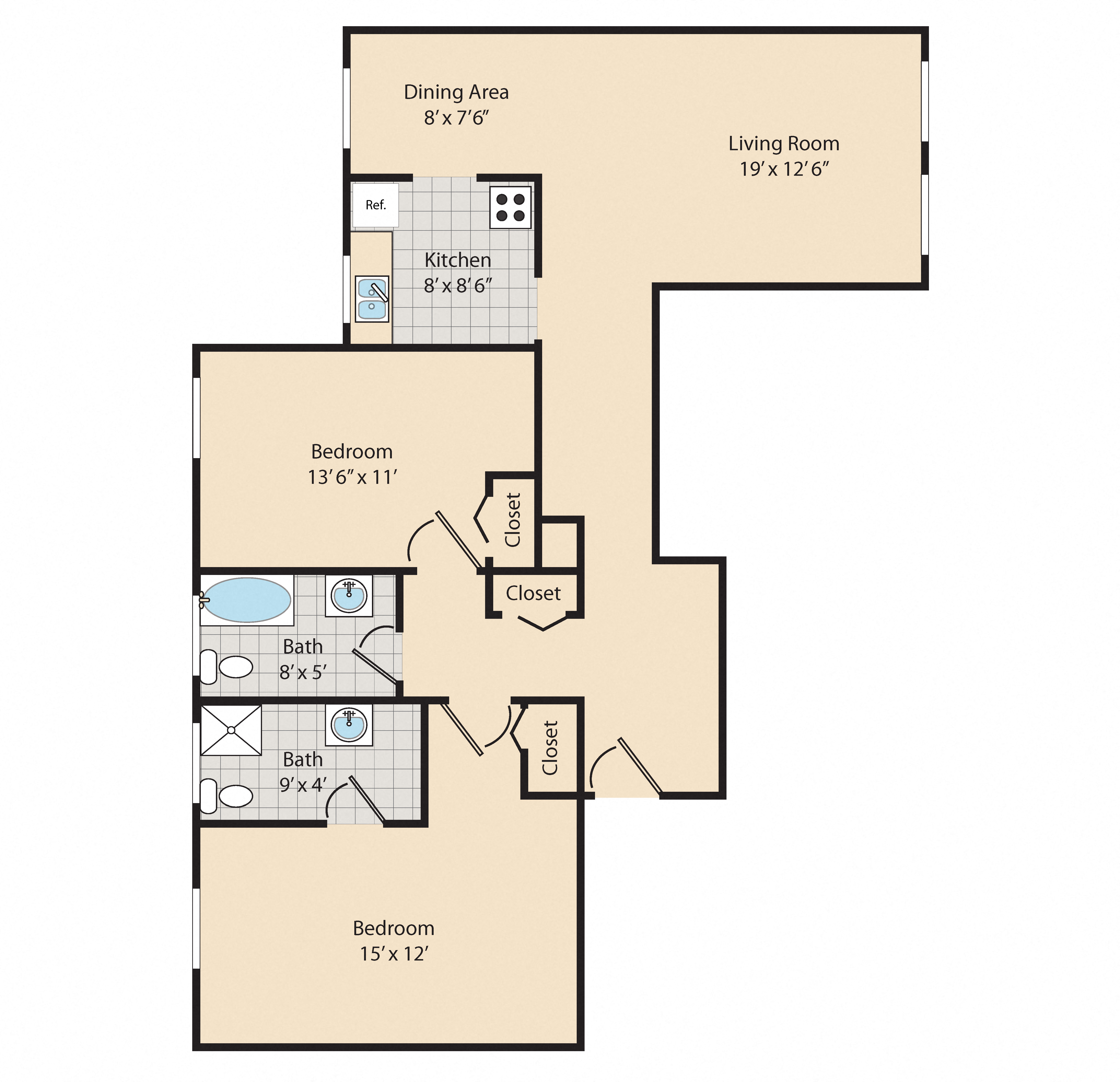 Floor plan for 2 beds, 2 baths, 994 sqft