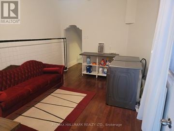 Toronto (Trinity-Bellwoods) townhouse for rent - A living room with a red couch and a white rug.