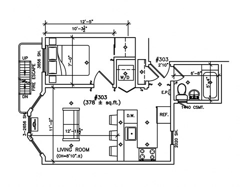 Floor plan for 1 bed, 1 bath, 524 sqft