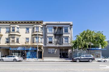 San Francisco apartment for rent - A building with a blue mural on the front and a sign that says "Golden Gate Glass Mirror Co."