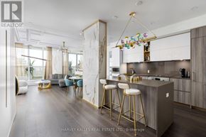 Toronto (Annex) condo for rent - A modern kitchen with a bar area and a dining table.