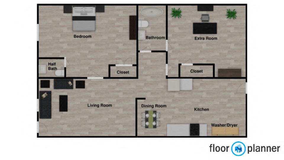 Floor plan for 1 bed, 1.5 baths, 859 sqft