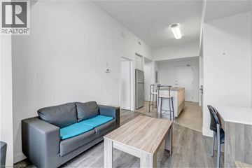 Waterloo condo for rent - A grey couch with a blue cushion is in the living room.