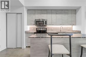Waterloo condo for rent - A modern kitchen with a white chair and a countertop.