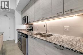 Waterloo condo for rent - A modern kitchen with granite countertops and stainless steel appliances.