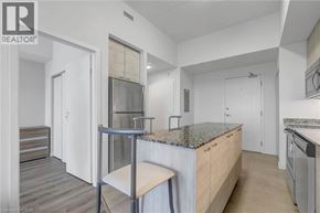 Waterloo condo for rent - A modern kitchen with a granite countertop and a washing machine built into the cabinetry.