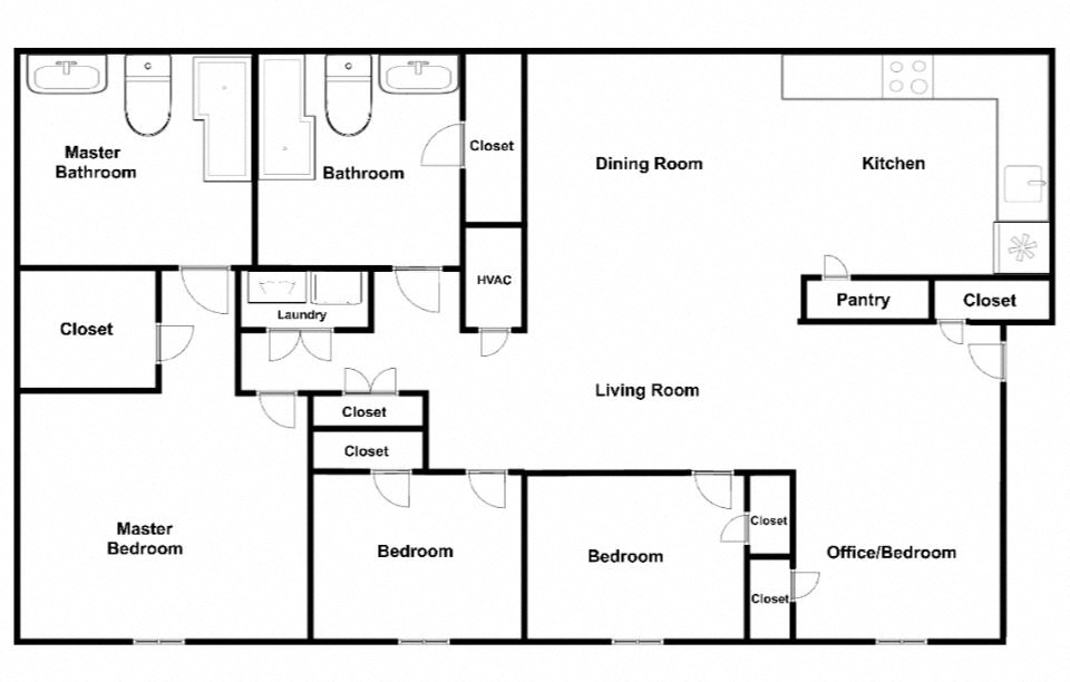 Floor plan for 4 beds, 2 baths, 1579 sqft