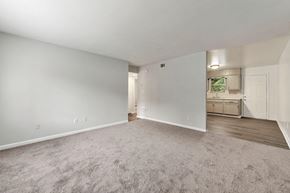 Forest Park apartment for rent - an empty living room with a kitchen in the background