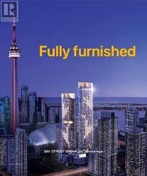 Toronto (Waterfront Communities) condo for rent - A cityscape with the words "Fully furnished" prominently displayed.