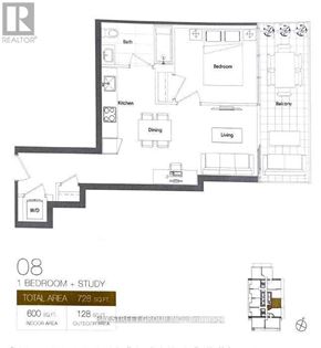 Toronto (Waterfront Communities) condo for rent - A floor plan for a 1 bedroom + study apartment with a total area of 728 sq ft, including a living room, dining room, kitchen, bathroom, bedroom, balcony, and a study area