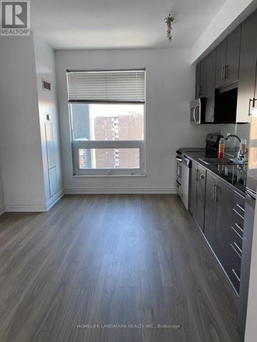 Toronto (Henry Farm) condo for rent - A kitchen with a window and a sink.