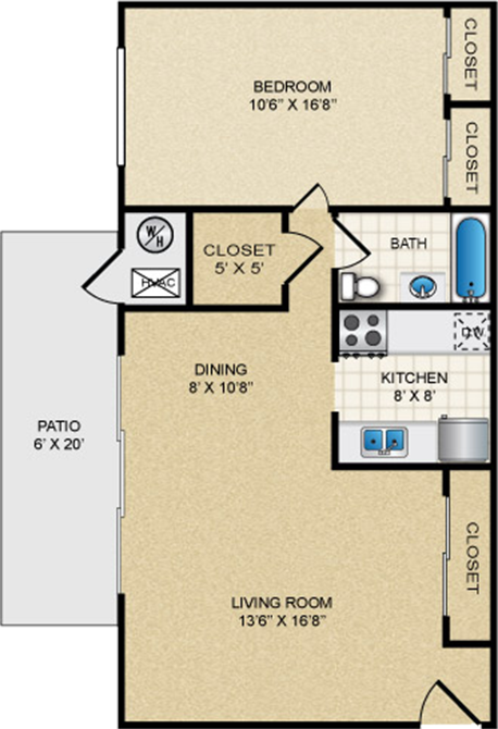 Floor plan for 1 bed, 1 bath, 880 sqft