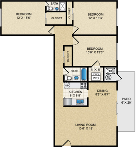 Floor plan for 3 beds, 2 baths, 1350 sqft