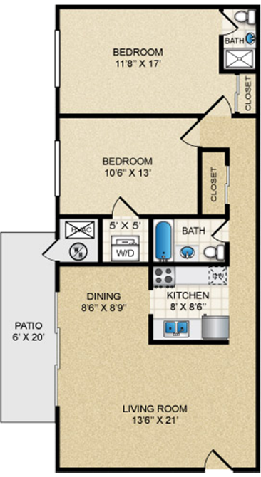 Floor plan for 2 beds, 2 baths, 1160 sqft