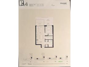 Vancouver apartment for rent - A framed drawing of a floor plan for a property with a kitchen, living room, and bathrooms.