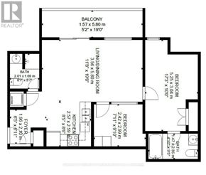 Waterloo condo for rent - A black and white image of a floor plan for a house with a balcony, living room, dining room, kitchen, and two bedrooms.