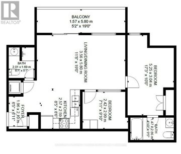 Waterloo condo for rent - A black and white image of a floor plan for a house with a balcony, living room, dining room, kitchen, and two bedrooms.