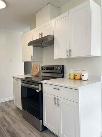 Courtenay apartment for rent - A kitchen with white cabinets and a black oven.