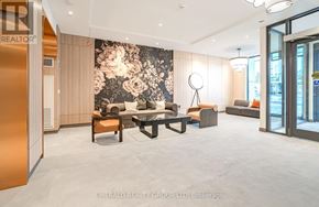 Toronto (Yorkdale-Glen Park) condo for rent - A modern living room with a large floral wallpaper and a variety of seating options.