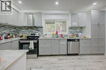 Waterloo apartment for rent - A kitchen with a white counter top and grey cabinets.