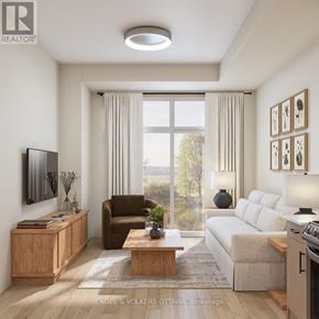 Brockville apartment for rent - A modern living room with a brown armchair, a white sofa, a wooden cabinet, and a flat-screen TV.