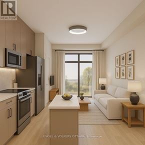 Brockville apartment for rent - A modern kitchen with a dining table and a couch in the living room.
