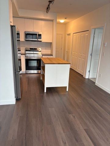 Surrey apartment for rent - A kitchen with a refrigerator, microwave, oven, and cabinets.
