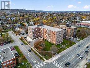 Hamilton (Stoney Creek) condo for rent - An aerial view of a city street with a large building in the middle and cars driving on the road.