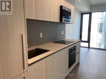 Toronto (Annex) condo for rent - A modern kitchen with wooden cabinets and a black countertop.