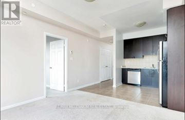 Mississauga (Churchill Meadows) condo for rent - A real estate listing photo of a kitchen and living room.