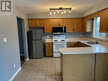 London East (East D) apartment for rent - A kitchen with a refrigerator, stove, and microwave.