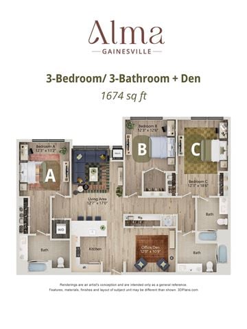 Gainesville apartment for rent - A floor plan for a 3-bedroom, 3-bathroom, and den apartment sized at 1674 square feet.
