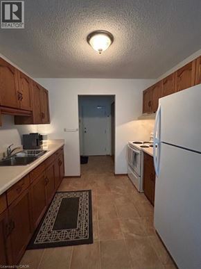 Listowel apartment for rent - A kitchen with a white fridge and wooden cabinets.