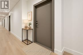 Clarington (Bowmanville) condo for rent - A hallway with a brown door and a plant on a table.