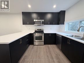 Hamilton (Delta) apartment for rent - A kitchen with black cabinets and a stainless steel oven.