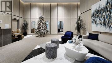 Toronto (North St. James Town) condo for rent - A modern living room with a Christmas tree and a large painting on the wall.