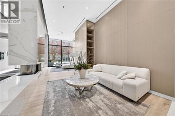 Burlington condo for rent - A modern living room with a white sofa and a coffee table.