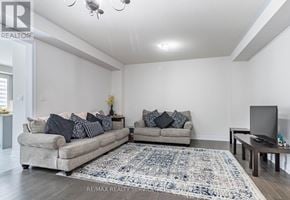 Halton Hills (Georgetown) apartment for rent - A living room with a grey couch and a blue rug.