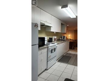 Vancouver apartment for rent - A kitchen with white appliances and cabinets.