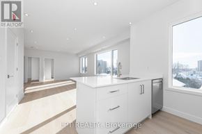 Ottawa multi-family for rent - A modern kitchen with white cabinets and a large window overlooking a cityscape.