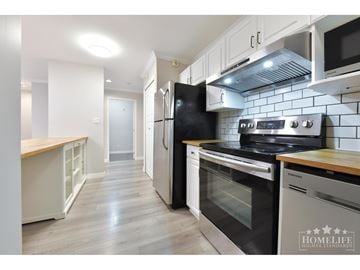 Abbotsford apartment for rent - A kitchen with a black refrigerator and stove top oven.