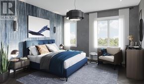 Ottawa apartment for rent - A bedroom with a large bed, a chair, and a painting on the wall.