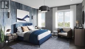 Ottawa apartment for rent - A bedroom with a large bed, a chair, and a painting on the wall.