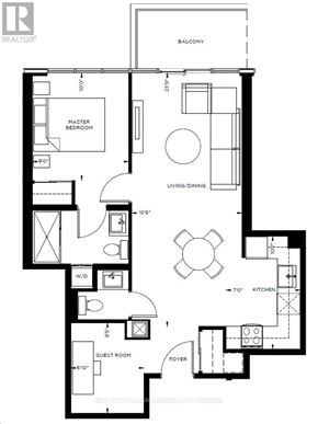 Vaughan (Concord) condo for rent - A black and white floor plan of an apartment with a balcony.