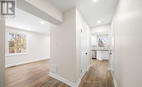 Barrie (Allandale Heights) apartment for rent - A spacious room with a view of a tree-lined street through a window.
