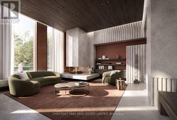 Toronto (Rosedale-Moore Park) condo for rent - A modern living room with a green sofa and a fireplace.