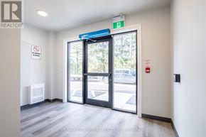 Hamilton (Stoney Creek) townhouse for rent - A white hallway with a blue awning and a door that opens to a parking lot.